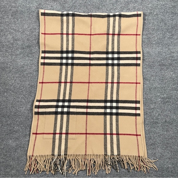 BURBERRY Scarf Large Check Plaid Reversible Pockets Wool Cashmere - Picture 7 of 12